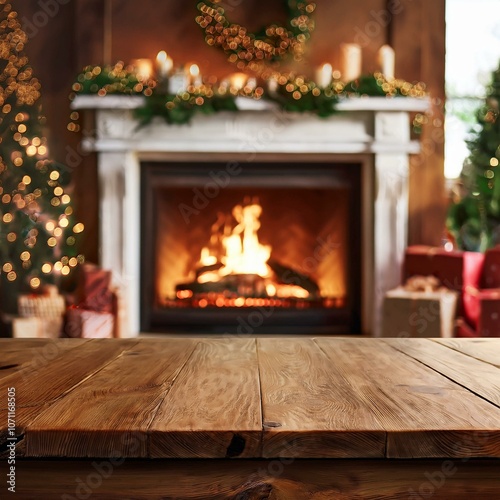 Wooden table top fireplace christmas decor.