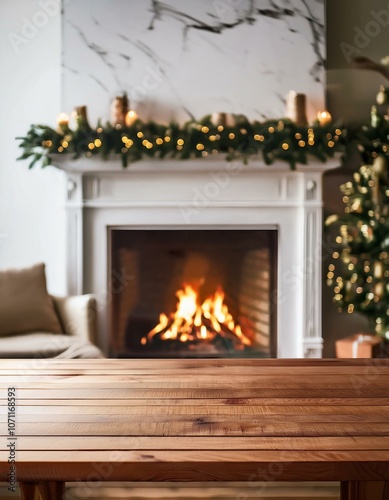 Wooden table top fireplace christmas decor.