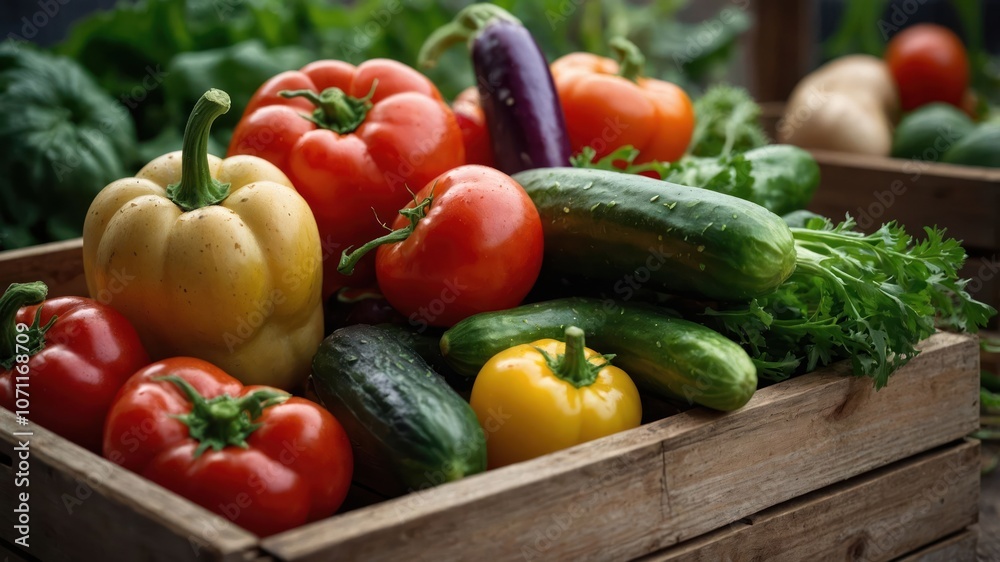 A wooden crate filled with fresh, colorful vegetables like peppers, cucumbers, and tomatoes. A wooden crate filled with fresh, colorful vegetables like peppers, cucumbers, and tomatoes.