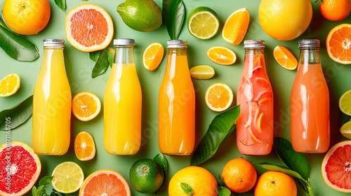 Summer beverages, citrus fruit juices, fresh and smoothies, food background, mix of different whole and cut fruits: orange, grapefruit, lime, tangerine with leaves and bottles with drinks, banner