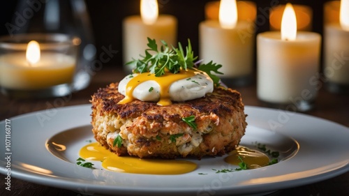 A beautifully plated crab cake topped with sauce and garnished, surrounded by candles.