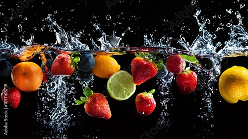 Fruits falling in water splash, isolated on black background