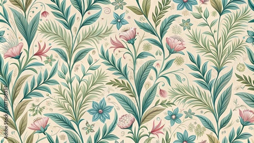 A Whimsical Tapestry of Delicate Floral Patterns in Vibrant Hues, Intertwined with Lush Greenery on a Soft, Cream Background.