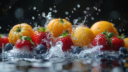 Fruits falling in water splash, isolated on black background