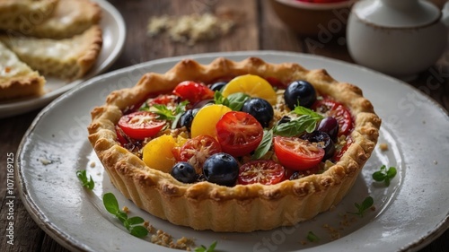 A colorful tart filled with tomatoes and blueberries, garnished with herbs.