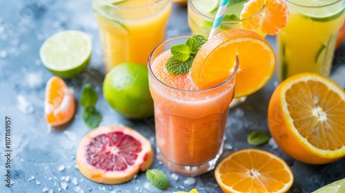 Summer beverage spread with citrus fruit juices, smoothies, and a mix of whole and sliced fruits, including orange, lime, tangerine, and grapefruit