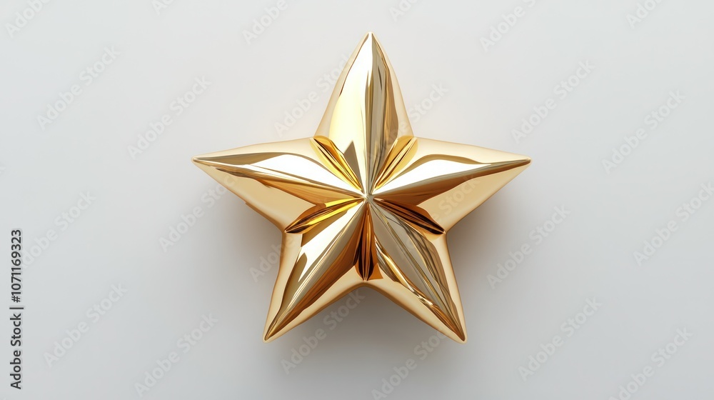 3D top-down view of a gold star, polished and reflective, isolated on a white background.