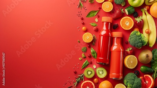 Fototapeta Naklejka Na Ścianę i Meble -  Juices and smoothies with fruits and vegetables displayed on a red background, leaving space for text