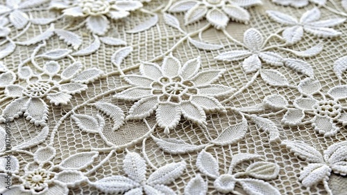 Intricate white lacework with delicate floral patterns woven into a fine mesh fabric.