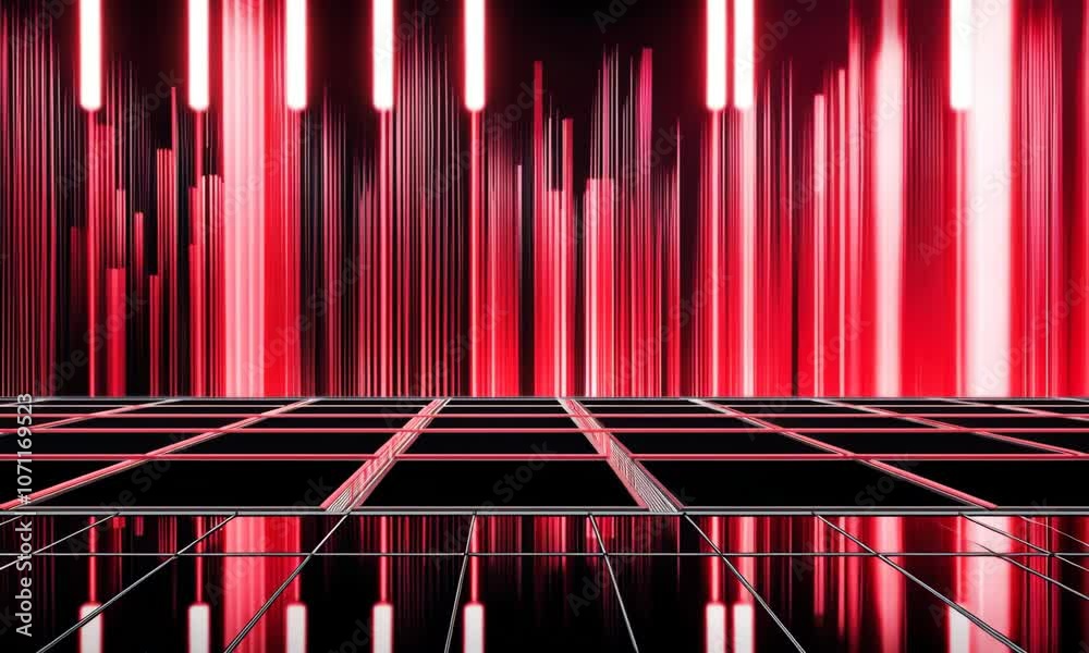 Abstract neon vertical red and black light streaks reflecting on a glossy surface. Seamless loop animation. Motion background