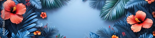 Vibrant Tropical Hibiscus and Monstera Leaves on Blue Background Perfect for Exotic Floral Theme Designs and Nature Inspired Decorations photo