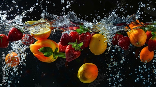 Fruits falling into a water splash, set against a black background