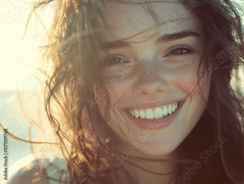 Radiant Beachside Portrait of a Smiling Woman photo