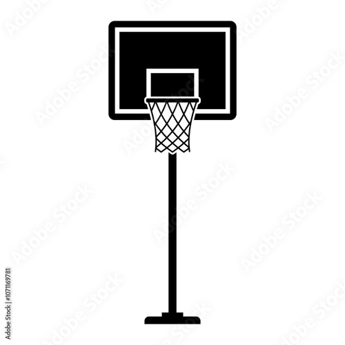 Basketball Hoop and Stand Vector Illustration – Flat Cartoon Icon in Black and White, Isolated on White Background, Editable and Scalable EPS for Logos, Icons, and Sports Graphics