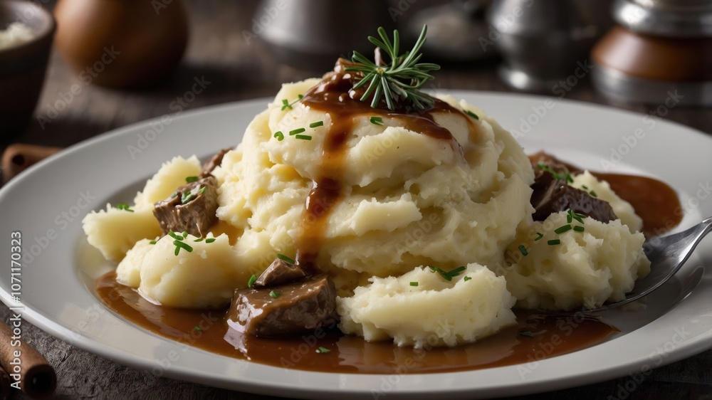 A plate of creamy mashed potatoes topped with beef and gravy, garnished with herbs. A plate of creamy mashed potatoes topped with beef and gravy, garnished with herbs.