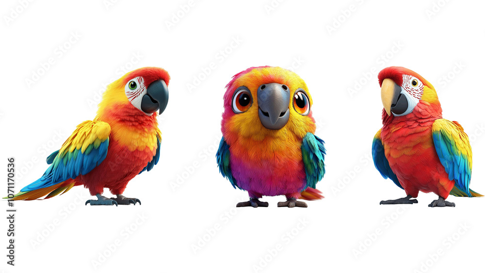 cartoon parrot in different angles isolated on transparent background cartoon parrot in different angles isolated on transparent background