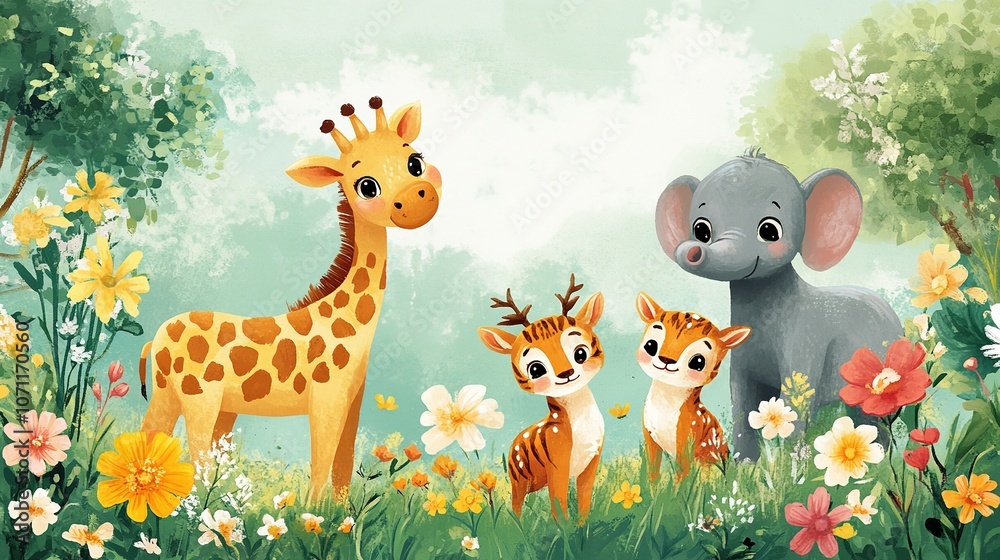 Naklejka premium A group of cute cartoon animals, including a giraffe, elephant, deer, and tiger cub, standing together on a vibrant grassy field surrounded by colorful flowers. The scene features playful, soft lines 