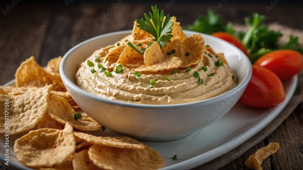 A bowl of hummus garnished with chips, herbs, and cherry tomatoes on a wooden surface. A bowl of hummus garnished with chips, herbs, and cherry tomatoes on a wooden surface.