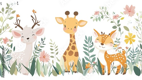 A group of cute cartoon animals, including a giraffe, elephant, deer, and tiger cub, standing together on a vibrant grassy field surrounded by colorful flowers. The scene features playful, soft lines 