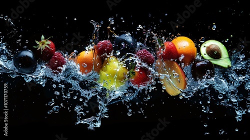Fototapeta Naklejka Na Ścianę i Meble -  Fruits falling into a splash of water against a black background