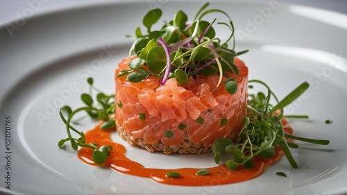 A gourmet dish featuring salmon tartare garnished with microgreens and a vibrant sauce.