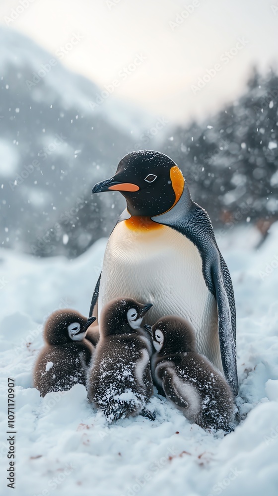 A king penguin standing protectively over its three chicks in a snowy landscape. A king penguin standing protectively over its three chicks in a snowy landscape.