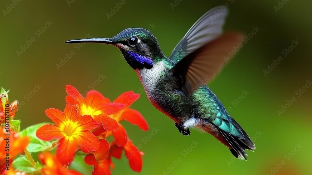 Fototapeta premium Stunning Hummingbird in Flight Among Vibrant Red Flowers with Blurred Green Background Showcasing Iridescent Feathers and Delicate Natural Beauty in Spring