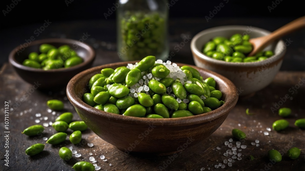A rustic display of green edamame beans with salt in wooden bowls, emphasizing healthy snacking. A rustic display of green edamame beans with salt in wooden bowls, emphasizing healthy snacking.