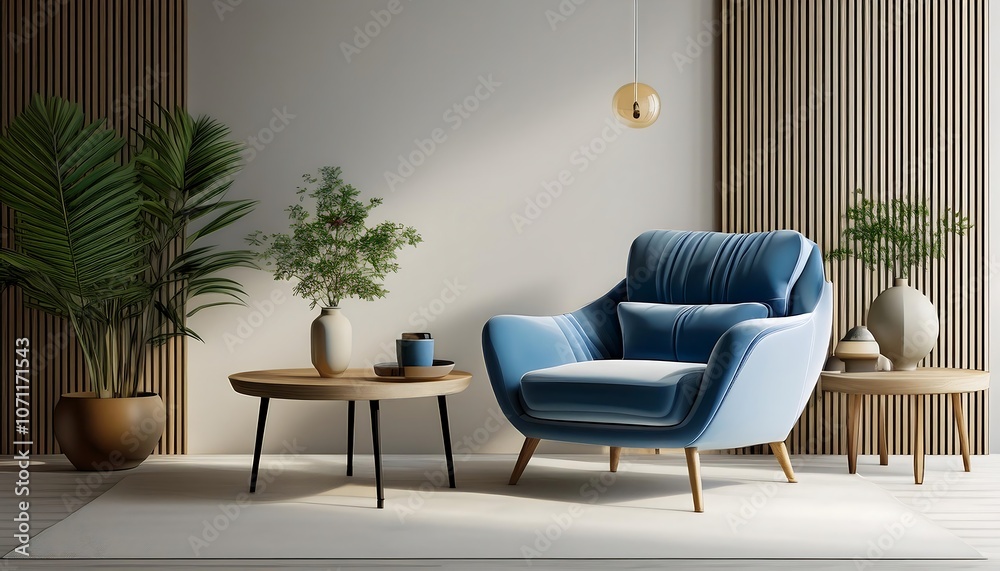 nterior of modern living room with blue armchair and coffee tables. Home design. 3d renderi nterior of modern living room with blue armchair and coffee tables. Home design. 3d renderi