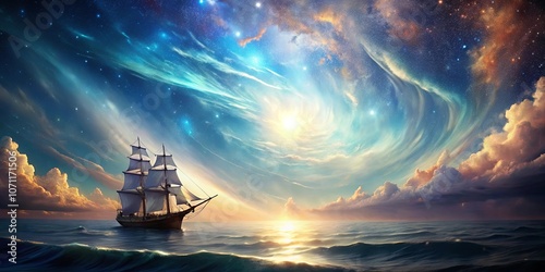 A lone ship sails into the swirling cosmic canvas, illuminated by a celestial sunset, a testament to the eternal dance of light and shadow on the endless expanse of the sea