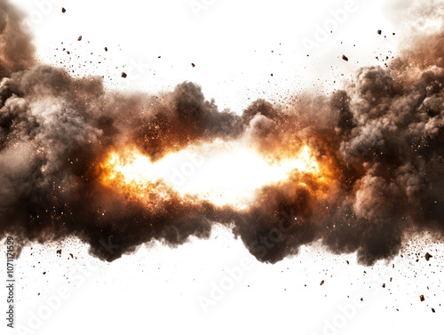 Massive mushroom cloud explosion isolated white background