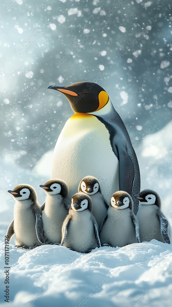 Fototapeta premium An emperor penguin stands protectively over its five chicks in a snowy landscape, the falling snow creating a magical atmosphere.