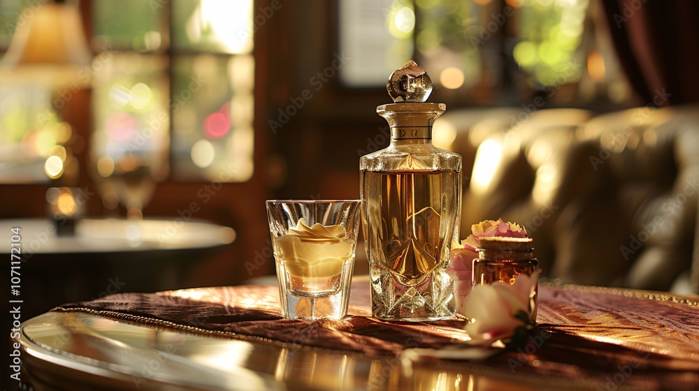 Elegant glass bottle and cream container arrangement on a velvet table Elegant glass bottle and cream container arrangement on a velvet table