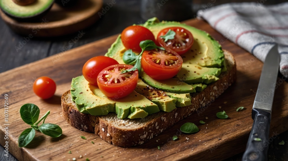 A slice of whole grain bread topped with avocado, cherry tomatoes, and herbs on a wooden board. A slice of whole grain bread topped with avocado, cherry tomatoes, and herbs on a wooden board.