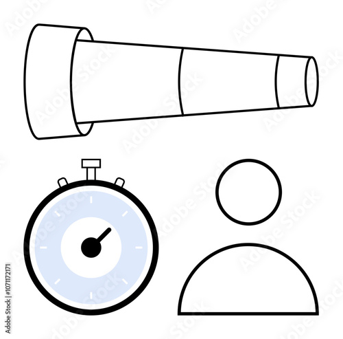 Telescope stopwatch person icon. Ideal for focus time management, strategy, personal growth, vision, efficiency, goal setting. Monochrome with blue accents. Line metaphor