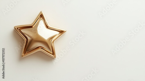 Gold star icon in 3D, polished and metallic, isolated on a bright white background, top-down view.