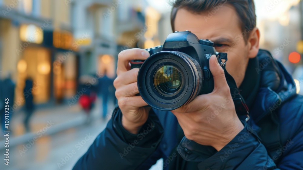 A photographer capturing a moment in the city. AI. A photographer capturing a moment in the city. AI.
