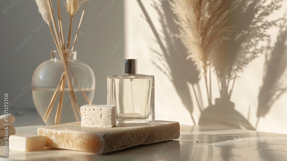 Fototapeta premium Bohemian-inspired glass perfume bottle and minimalist soap display