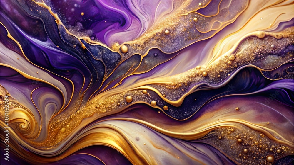 Obraz premium Abstract Swirls of Purple, White, and Gold with Golden Specks and Bubbles