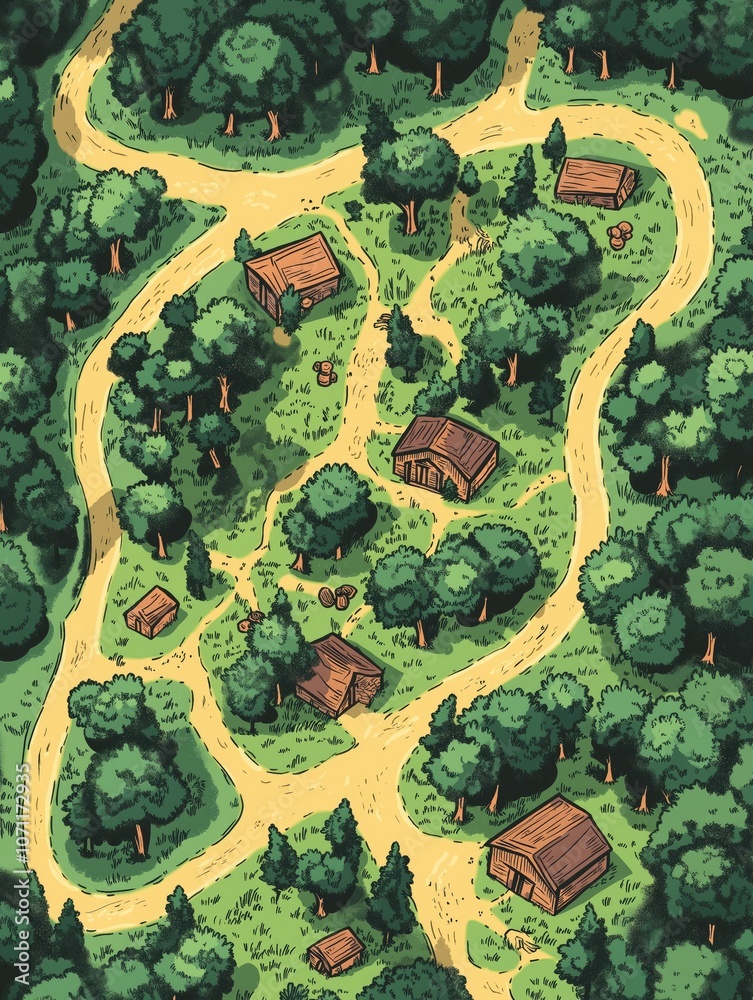 Fototapeta premium Forest Wilderness Campsites Tabletop RPG Map, Fantasy Roleplaying Dungeon Battlemap, Adventure Games Encounters, Gaming Art Design, TTRPG Buildings Architecture Concept