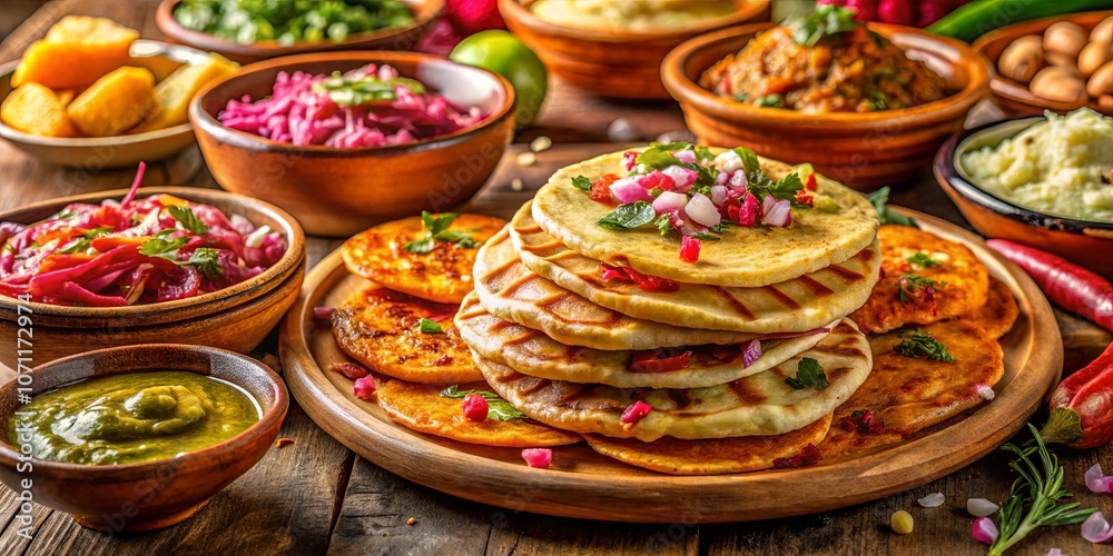 Aromatic Grilled Flatbreads with Savory Toppings, Accompanied by Vibrant Side Dishes and Spiced Green Sauce Aromatic Grilled Flatbreads with Savory Toppings, Accompanied by Vibrant Side Dishes and Spiced Green Sauce