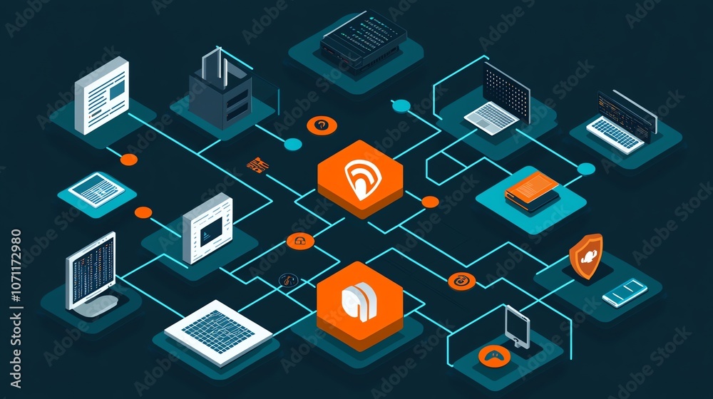 An isometric illustration of a network with devices connected to a central hub. An isometric illustration of a network with devices connected to a central hub.