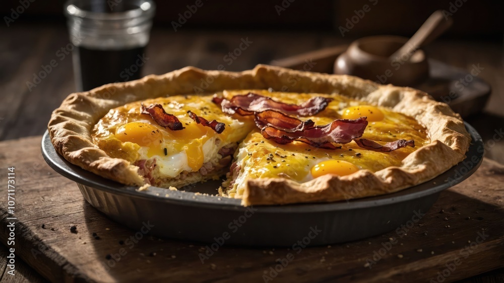 A savory pie filled with eggs, bacon, and meat, served on a rustic wooden table. A savory pie filled with eggs, bacon, and meat, served on a rustic wooden table.