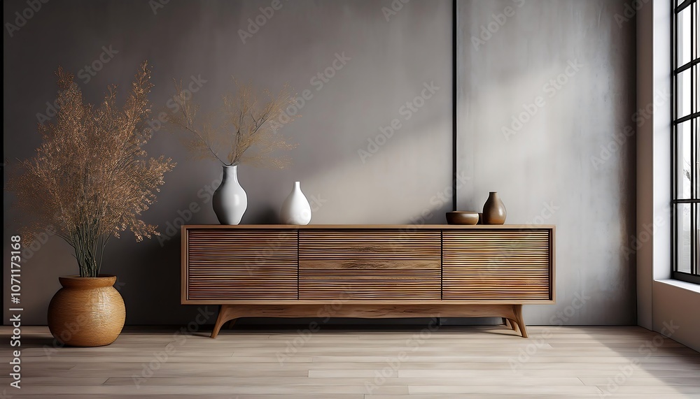 Interior with wooden sideboard 3d rendering Interior with wooden sideboard 3d rendering