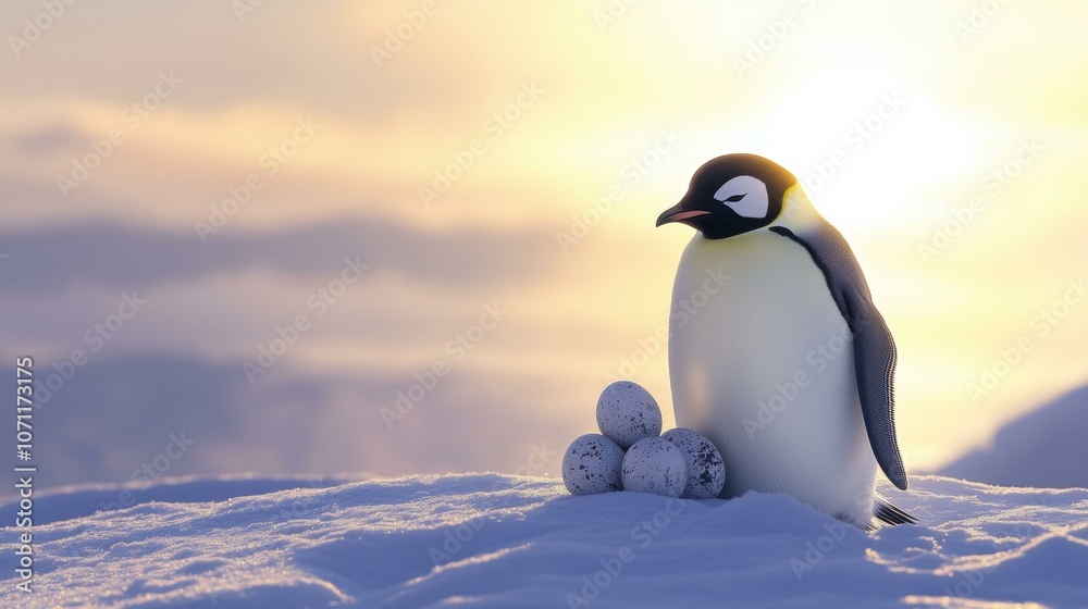Fototapeta premium A penguin sits on a snowy landscape, guarding its eggs. AI.