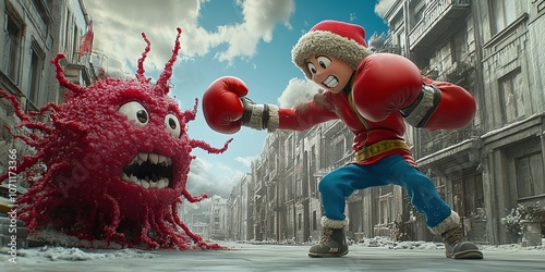 Epic Cartoon Showdown: Boxing Hero vs Fuzzy Monster in Animated Urban Landscape - Intense Winter Battle Scene with Red Boxing Gloves and Knit Cap photo