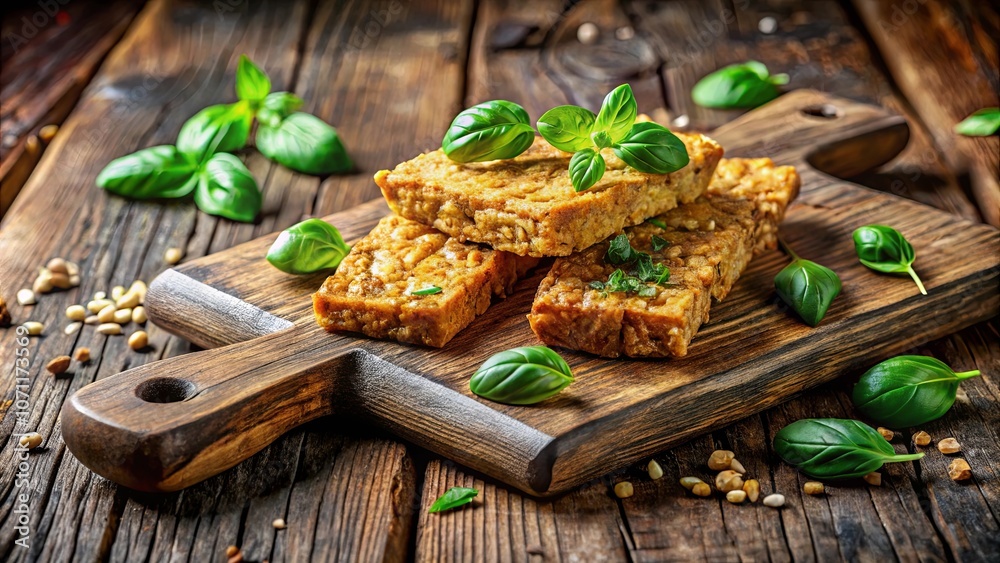 Fototapeta premium Crispy Fried Squares with Green Basil and Scattered Seeds on a Rustic Wooden Cutting Board