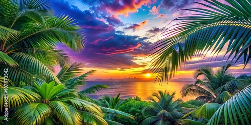 A vibrant tropical sunset with palm trees framing a view of the distant horizon and a fiery sky