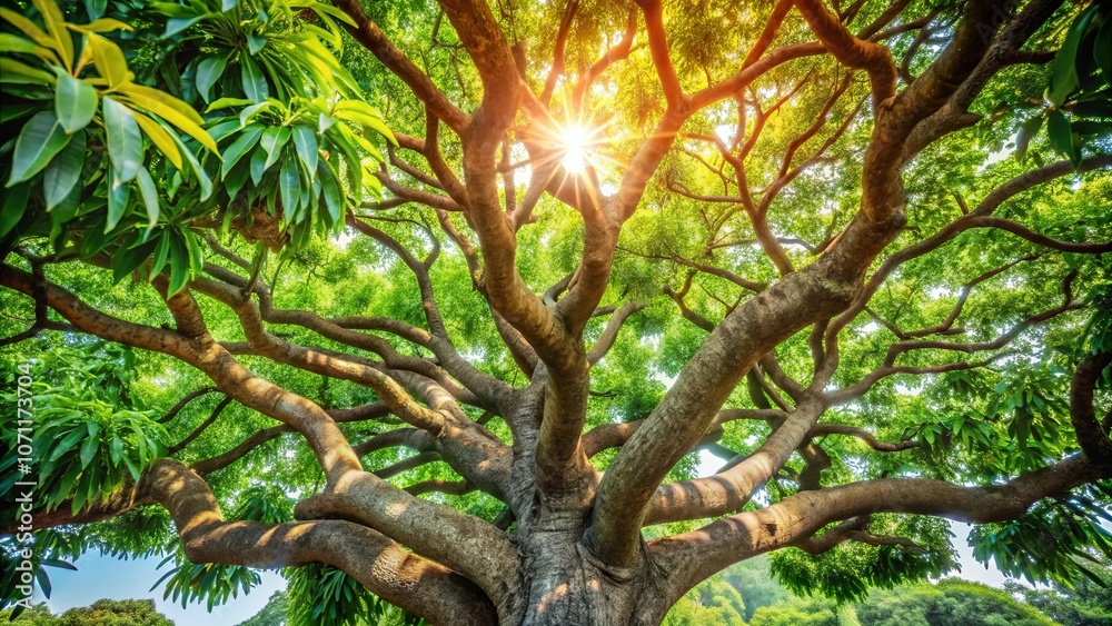 Fototapeta premium Sunlight Filtering Through the Canopy of a Mighty Tree, Illuminating the Intertwined Branches and Lush Foliage
