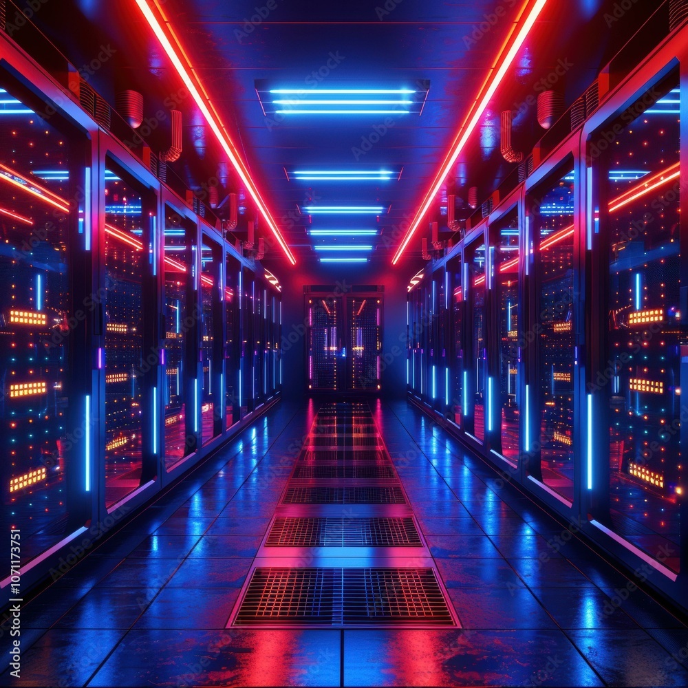 A long hallway in a data center, lit with red and blue neon lights. AI. A long hallway in a data center, lit with red and blue neon lights. AI.